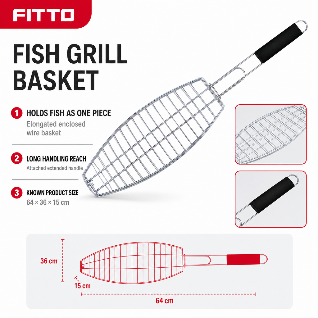 96 Pieces Silver Fish Grill Basket With Plastic Handle, 64 × 36 × 15 cm, 1 Piece