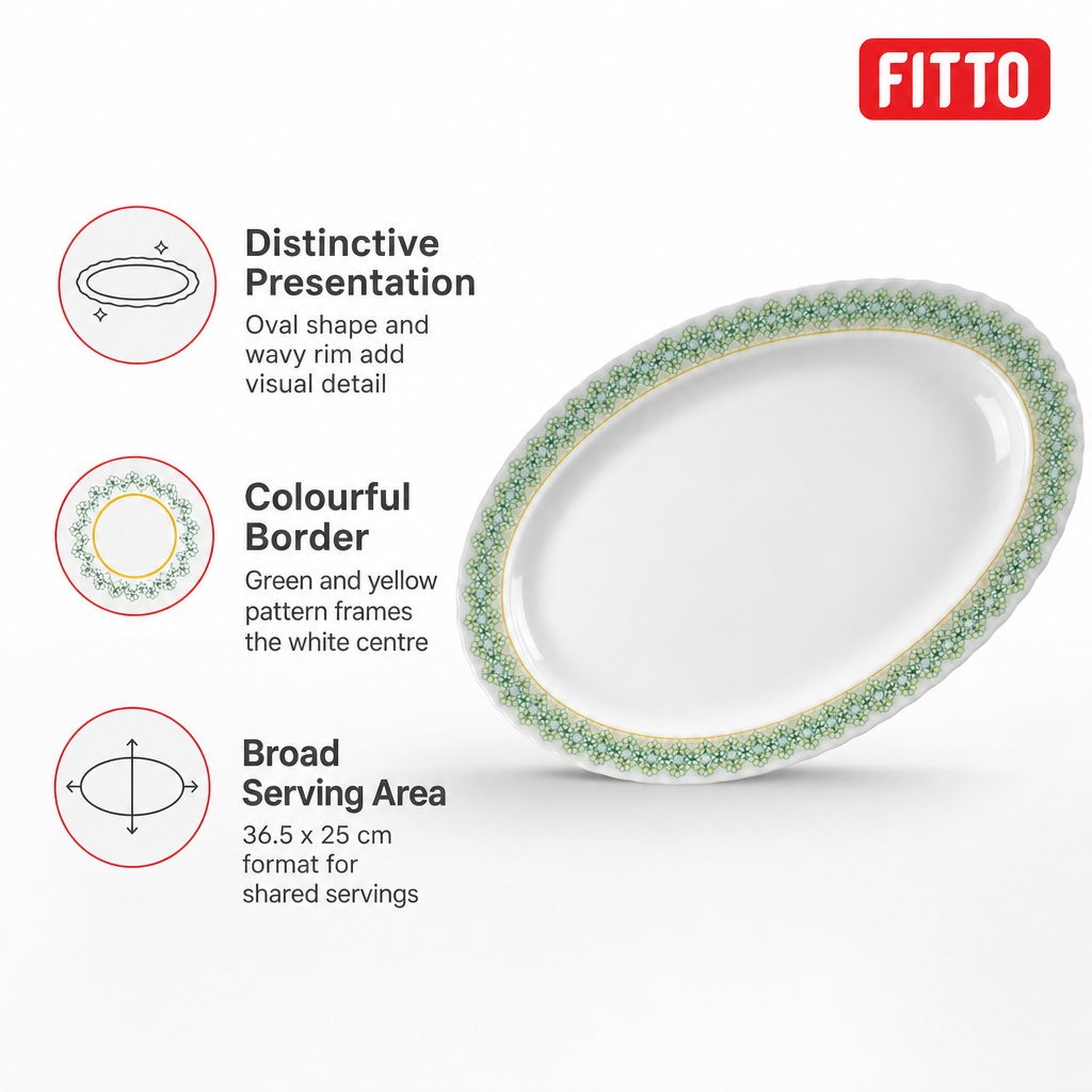 96 Pieces Melamine Wavy Oval Serving Plate, 14 Inch, White with Green and Yellow Pattern