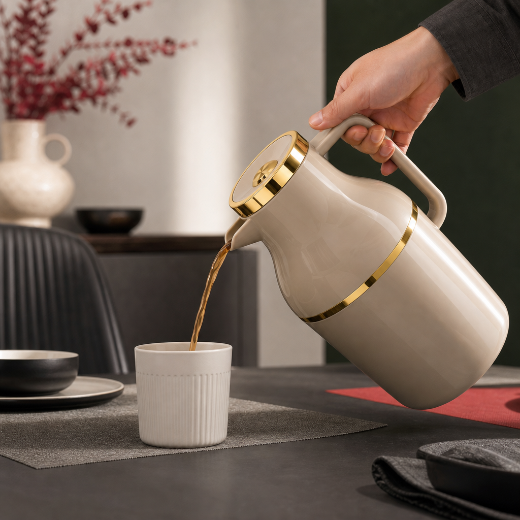 72 Pieces Vacuum Flask 1 Litre, Beige or Ivory with Gold-Tone Trim, Handle and Pour Spout, 1 Piece