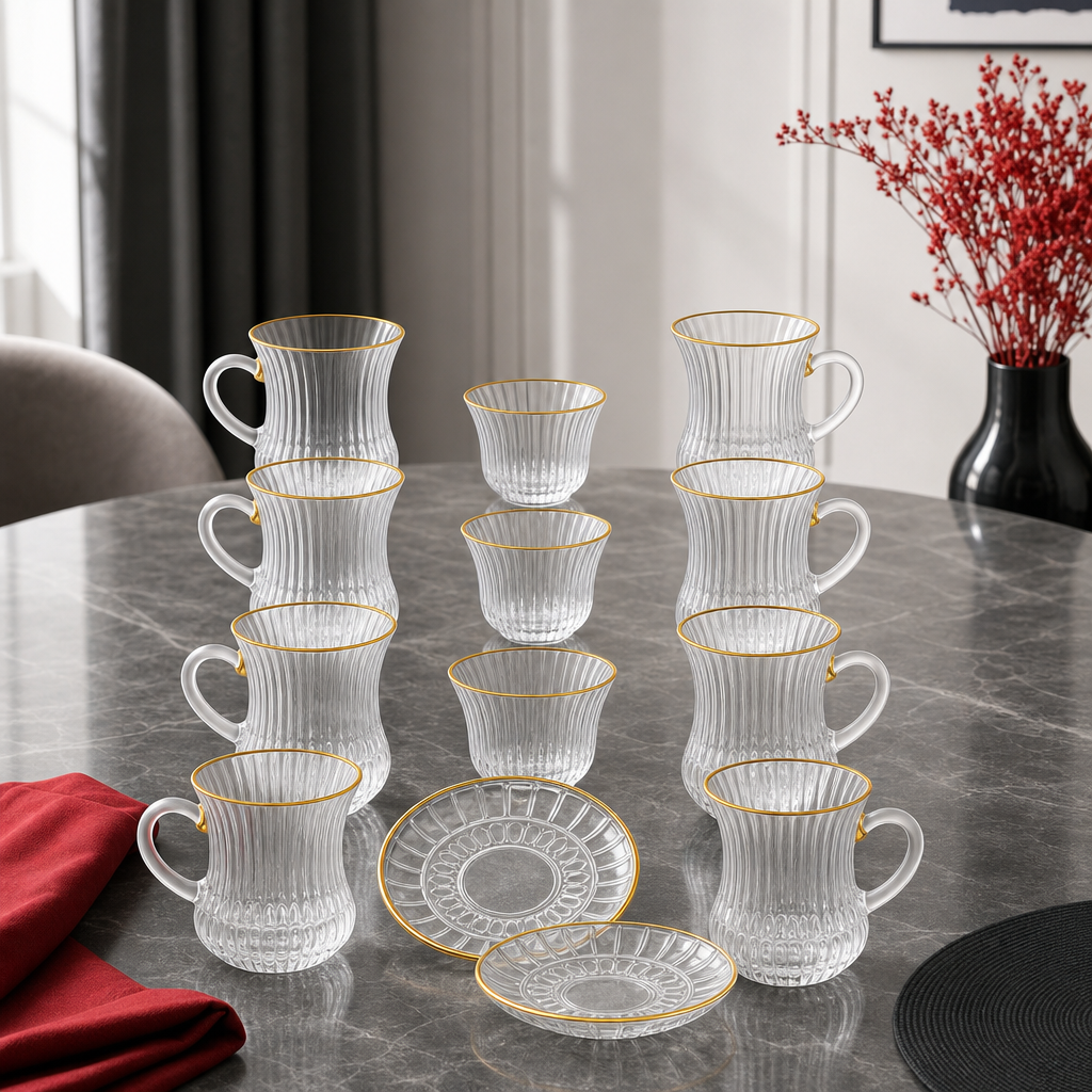 48 Pieces Clear Ribbed Glass Tea Coffee Set with Gold Rim Accents, 18 Pieces