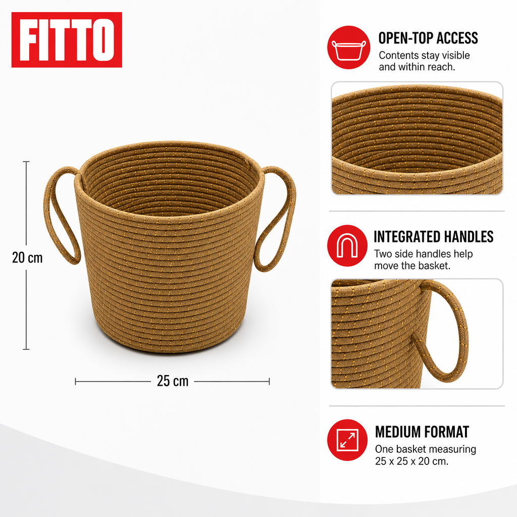 96 Pieces Woven Rope Storage Basket With Handles, Medium Brown, Medium, 25 x 25 x 20 cm