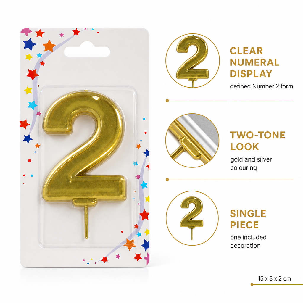 240 Pieces Number 2 Cake Candle, Gold And Silver Metallic-Look Celebration Decoration, Single Piece, 15 x 8 x 2 cm