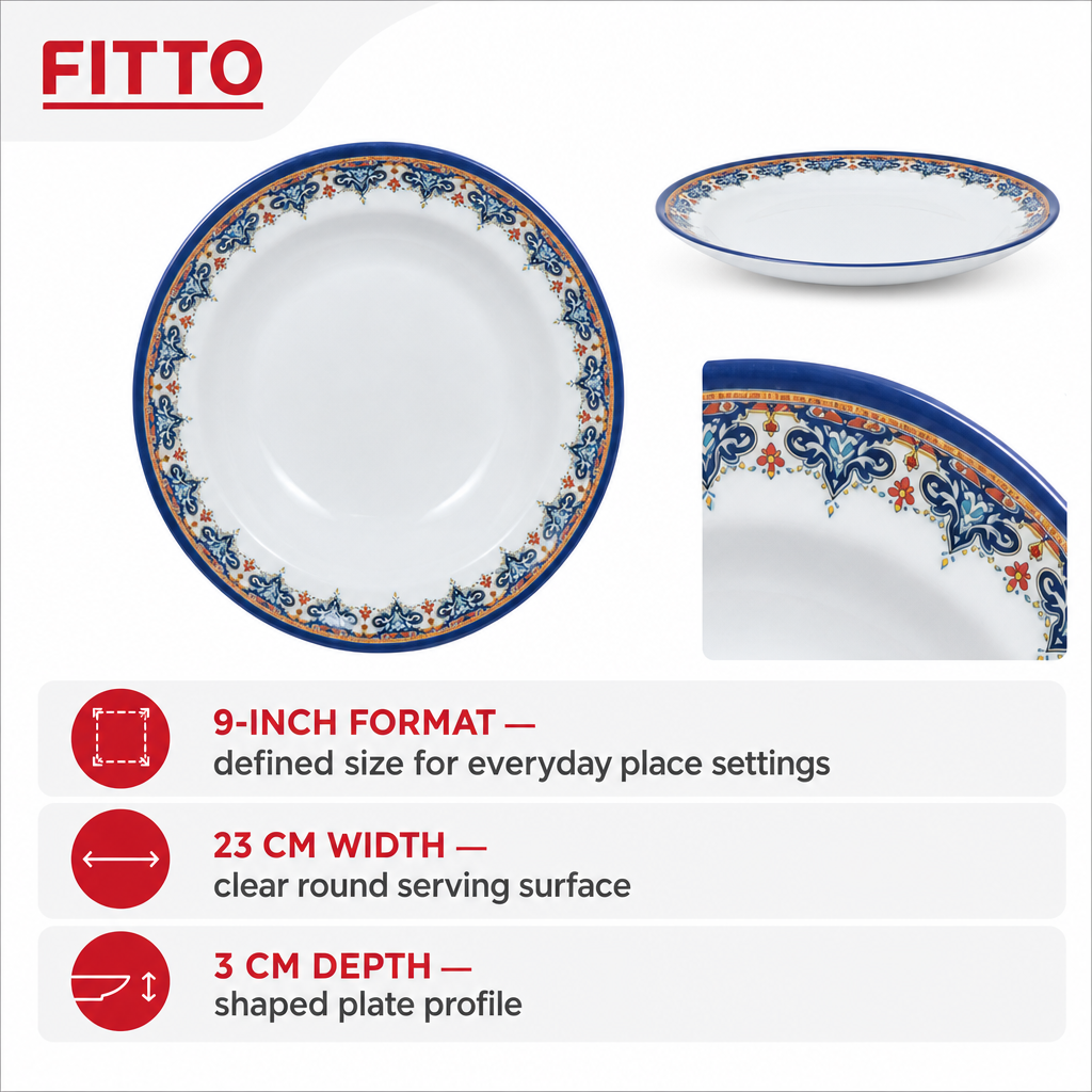 120 Pieces Melamine Dinner Plate, 9 Inch, White With Blue Decorative Border