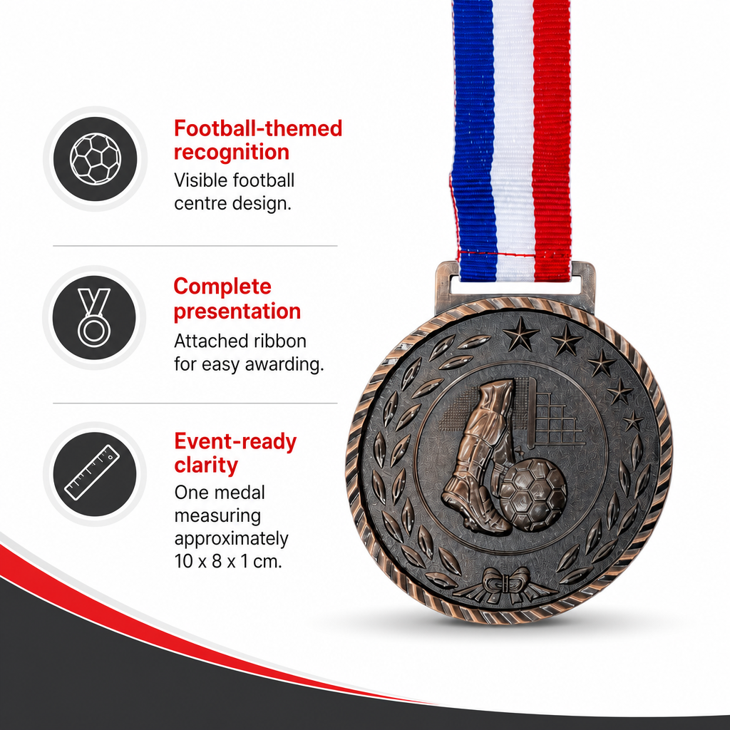 144 Pieces Football Sports Medal with Red White and Blue Ribbon, Bronze, 10 x 8 cm