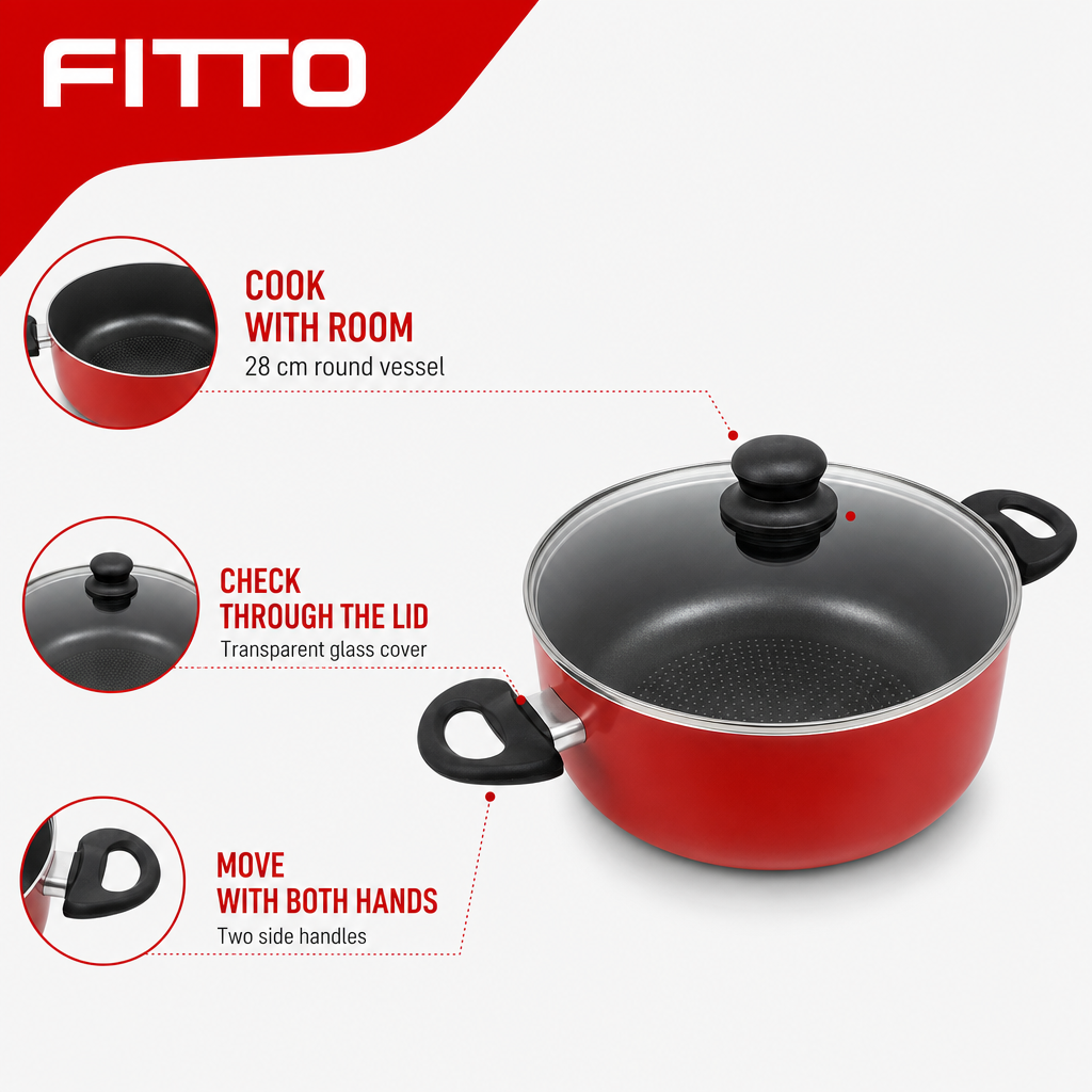48 Pieces 28 cm Aluminium Non-Stick Saucepot with Glass Lid and Side Handles, Red