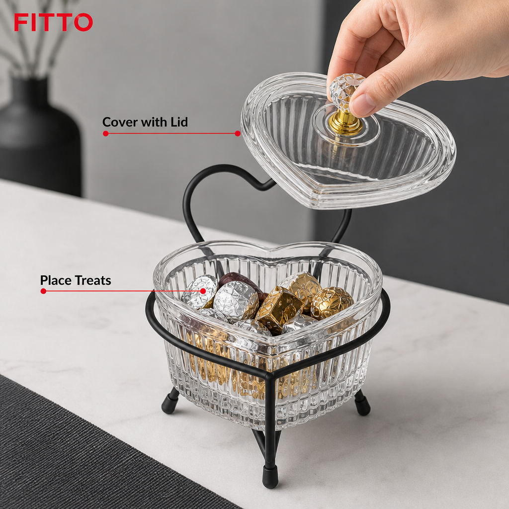 72 Pieces Clear Heart-Shaped Glass Candy and Snack Bowl with Lid and Black Metal Stand