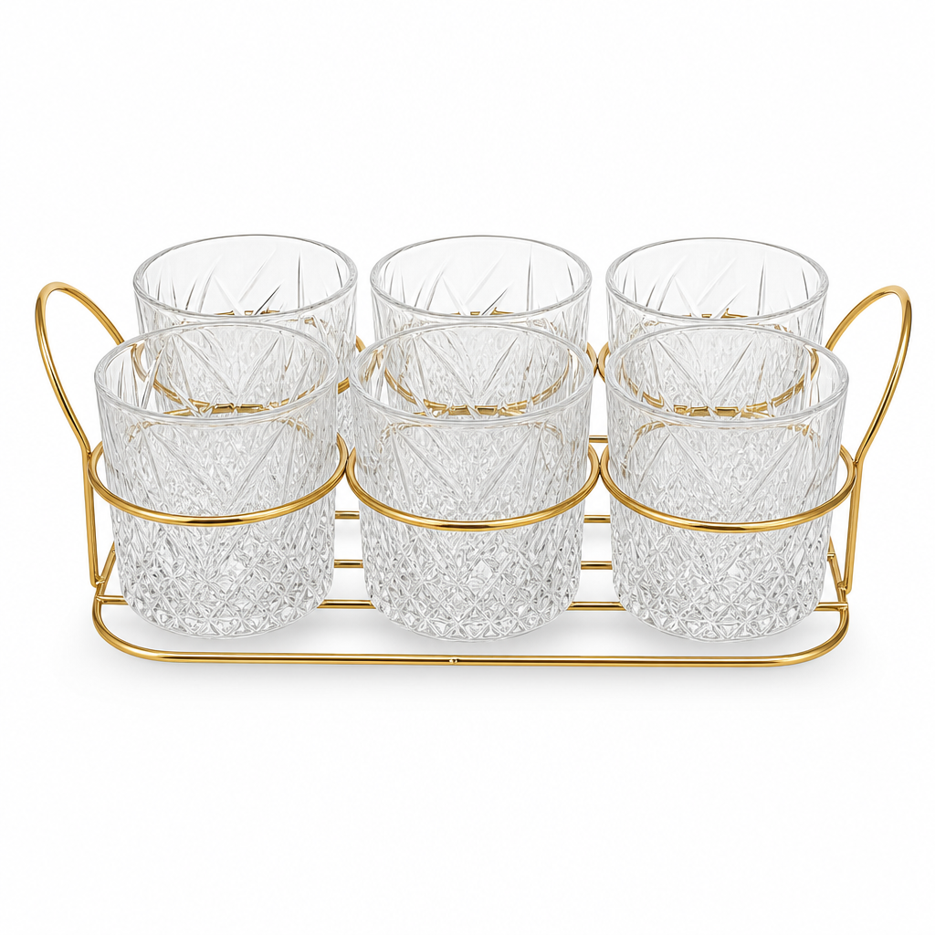60 Pieces Textured Clear Glass Cup Set with Gold-Tone Metal Rack, 6 Cups and Rack, 7-Piece Drinkwares Set