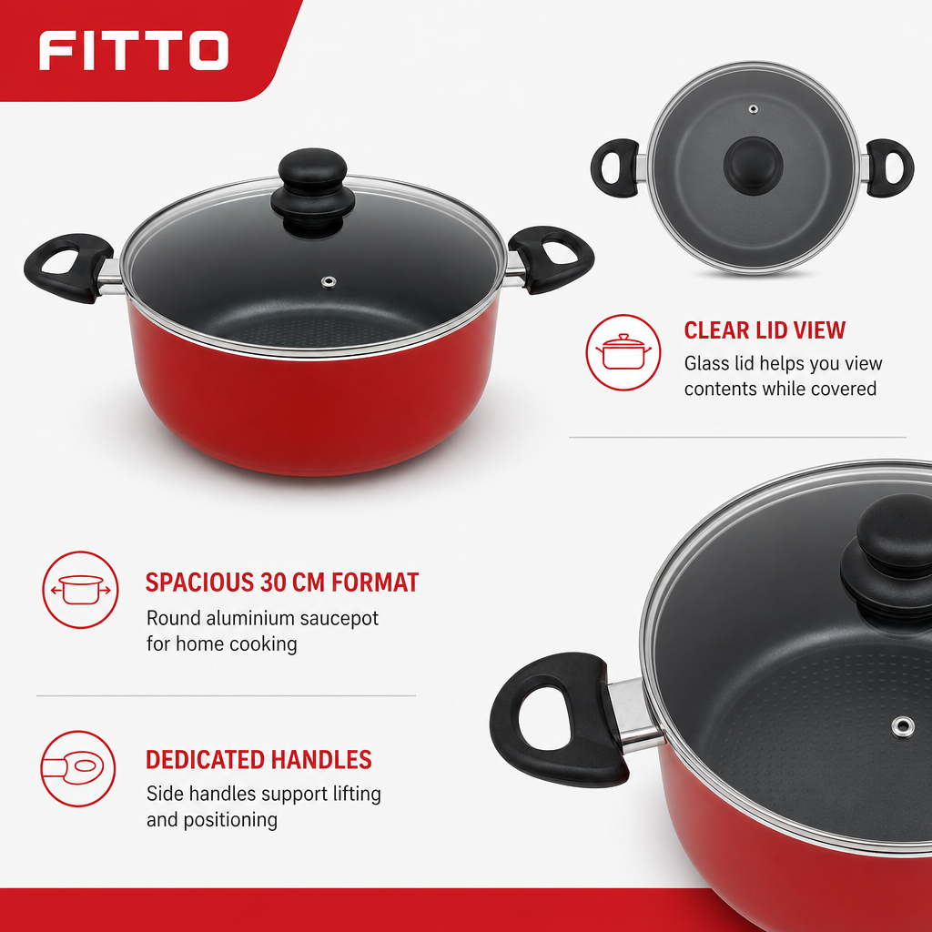 48 Pieces 30 cm Aluminium Non-Stick Saucepot with Glass Lid and Side Handles, Red