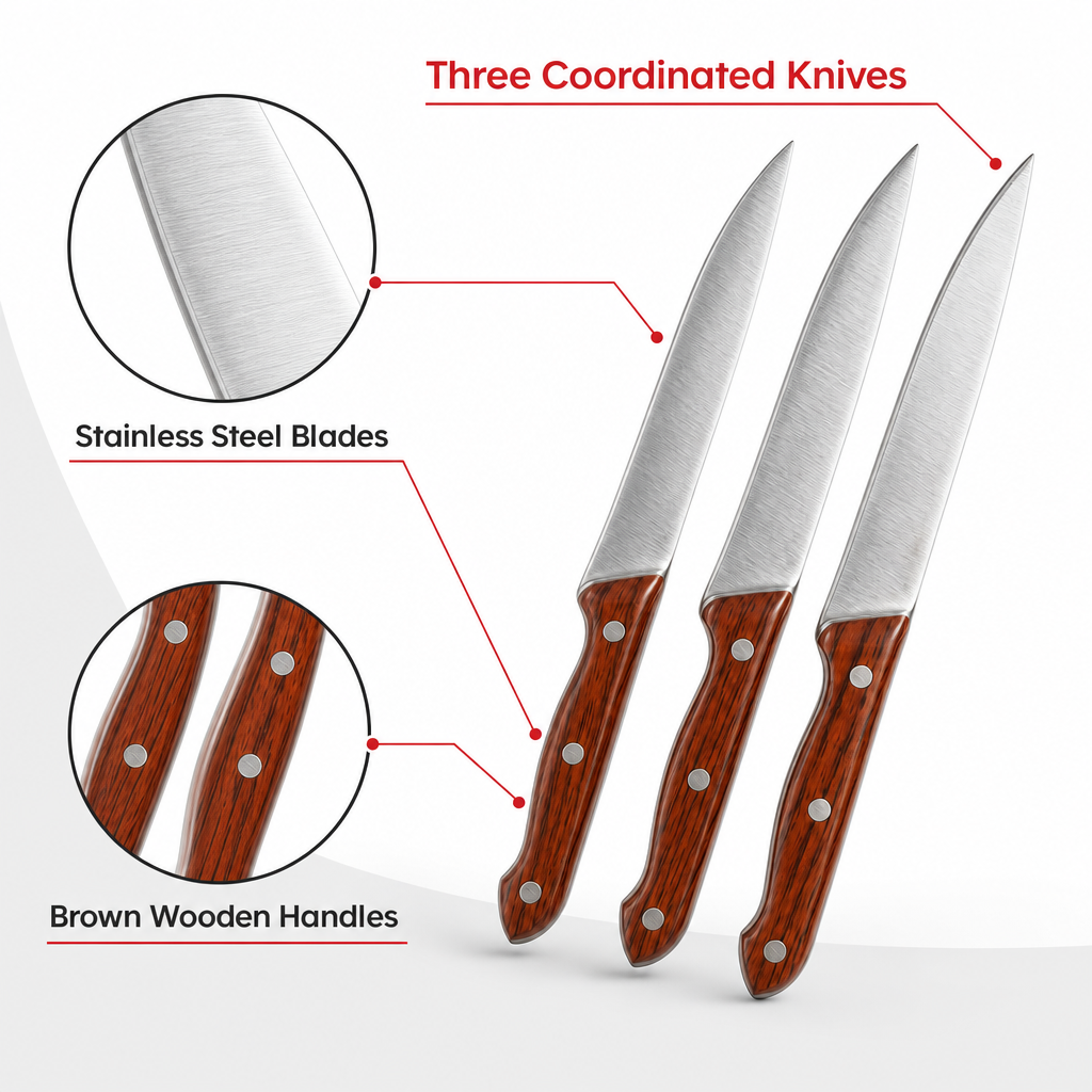 120 Pieces 3-Piece Kitchen Knives Set, Brown and Silver Stainless Steel Blades with Brown Wooden Handles