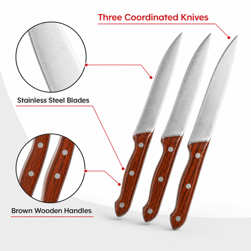 120 Pieces 3-Piece Kitchen Knives Set, Brown and Silver Stainless Steel Blades with Brown Wooden Handles