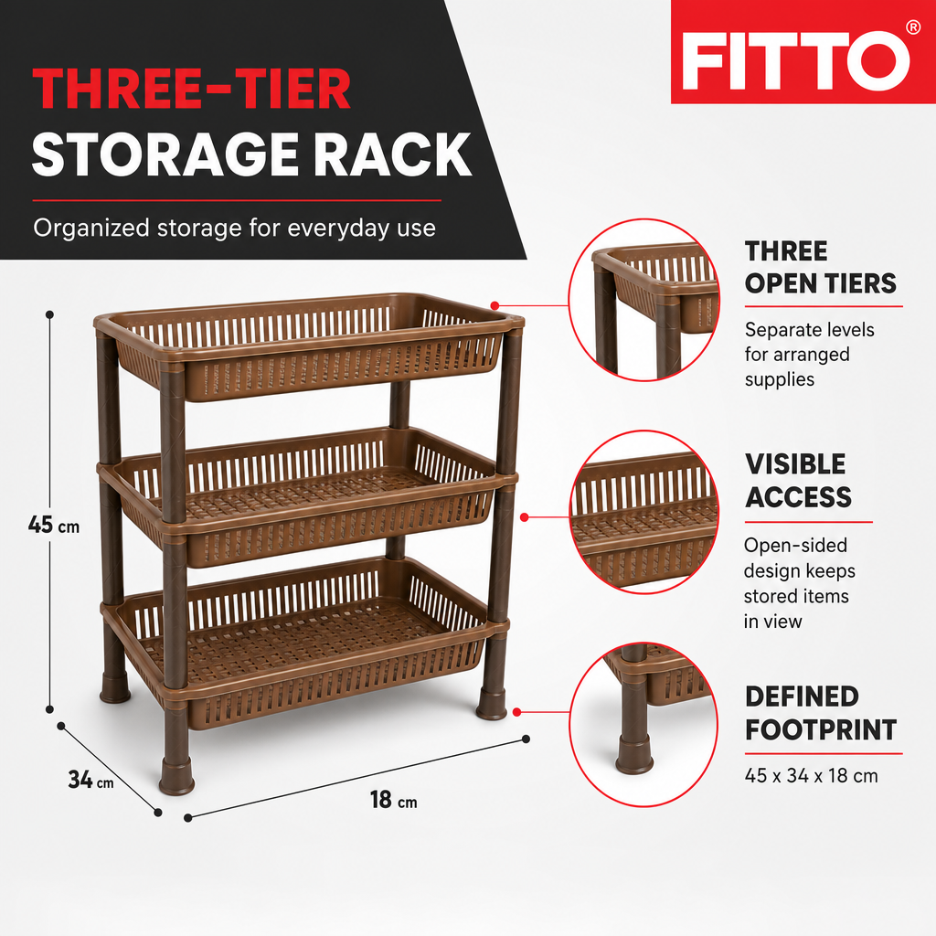 72 Pieces Brown Three-Tier Plastic Multipurpose Kitchen Storage Rack, 45 x 34 x 18 cm