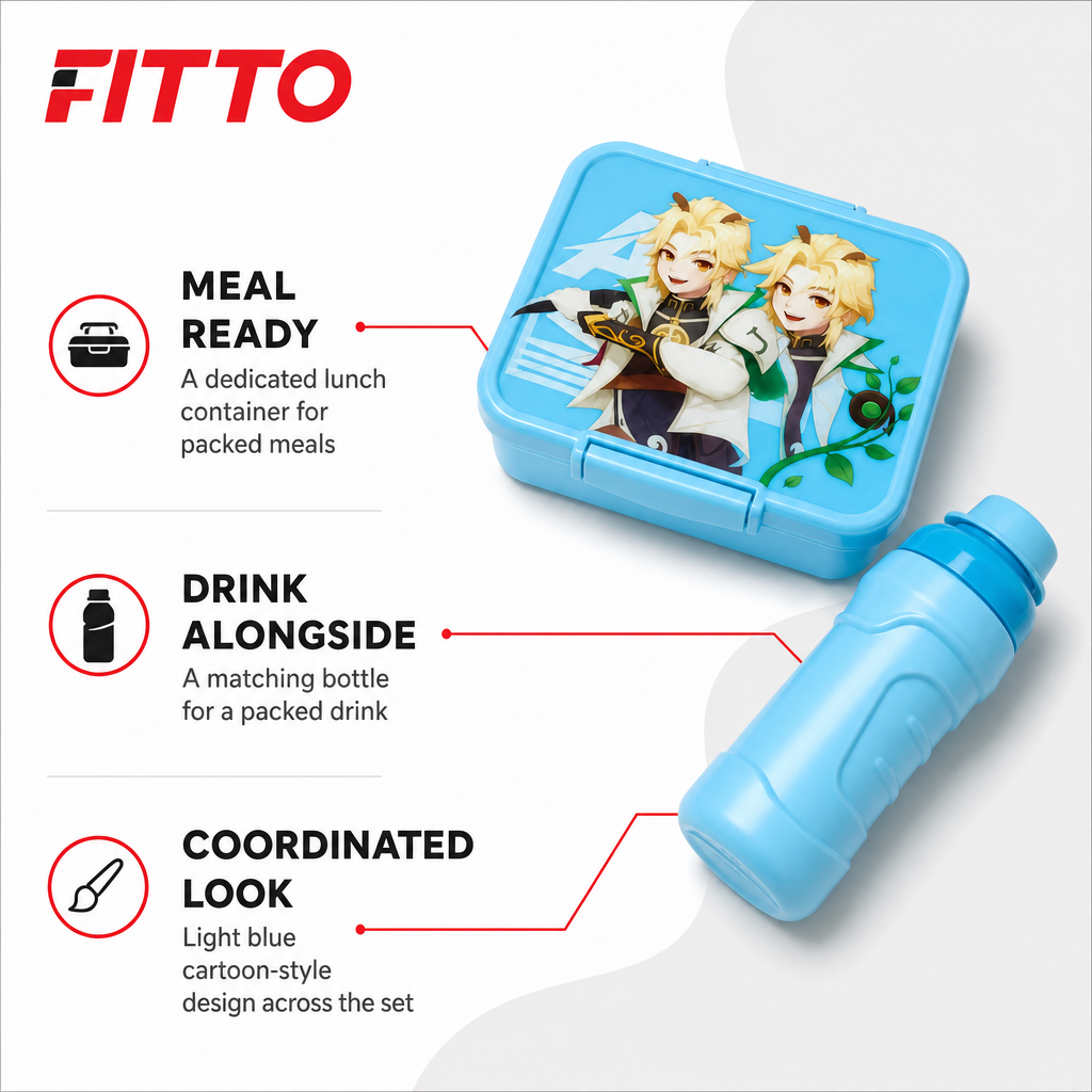 96 Pieces Lunch Box and Water Bottle Set, Light Blue Cartoon Design