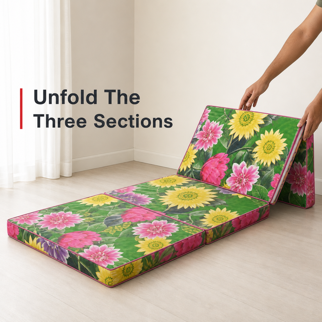 48 Pieces Folding Foam Mattresses, 3-Fold Design, 10 cm Thick, Floral Cover, 90 x 63 x 30 cm