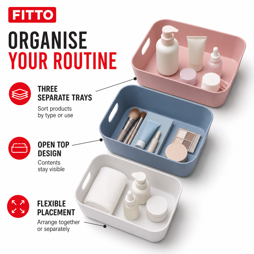 120 Pieces Cosmetic Organiser Tray Set, 3 Pieces, Mixed Colours, Makeup Storage Bins, 33 x 19 x 11 cm