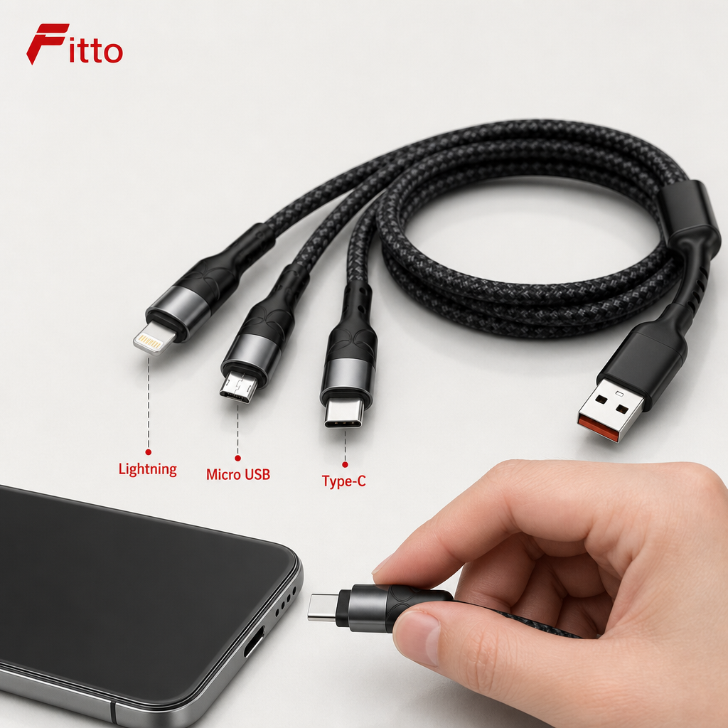 120 Pieces 3-in-1 Charging Cable, 1.2m Multi-Connector Cable for Lightning, Micro USB and Type-C Devices