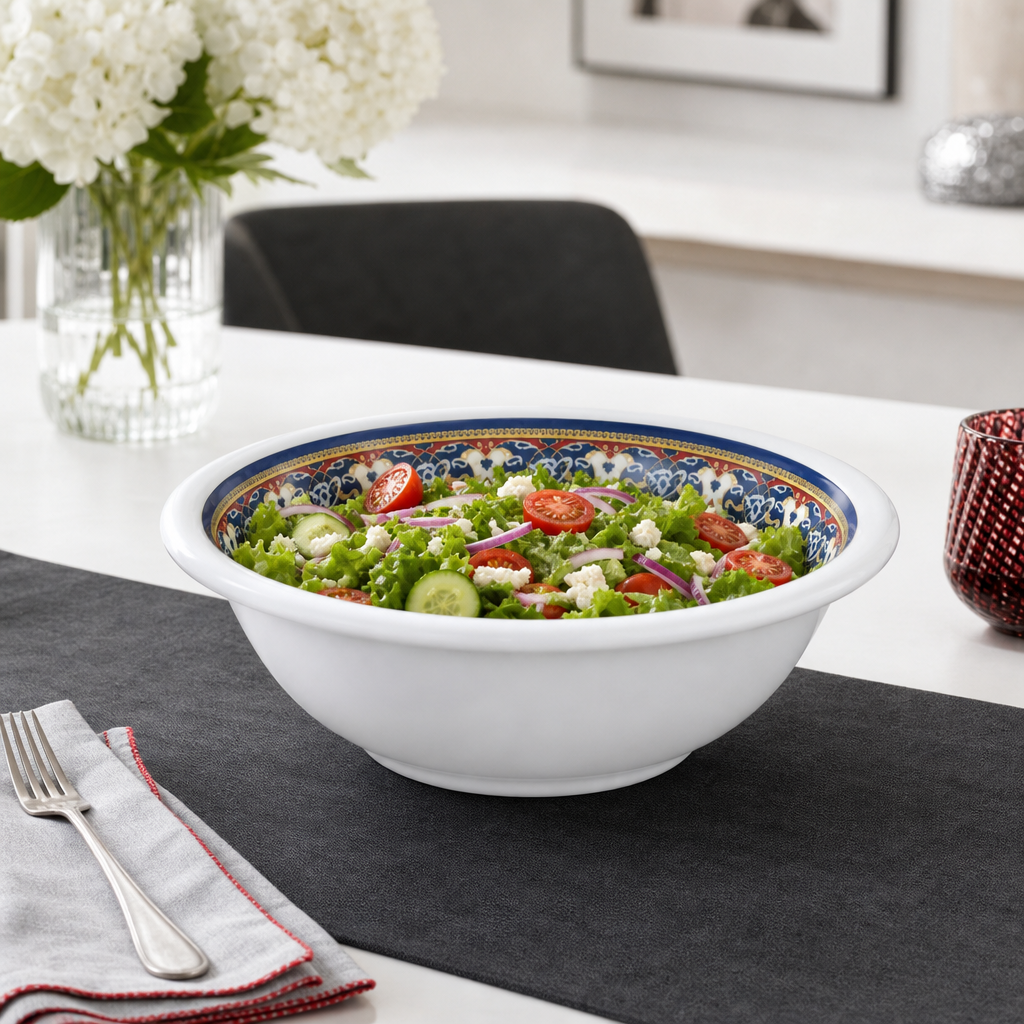 96 Pieces Melamine Salad Bowl, 7 Inch, Decorative Patterned Rim, White