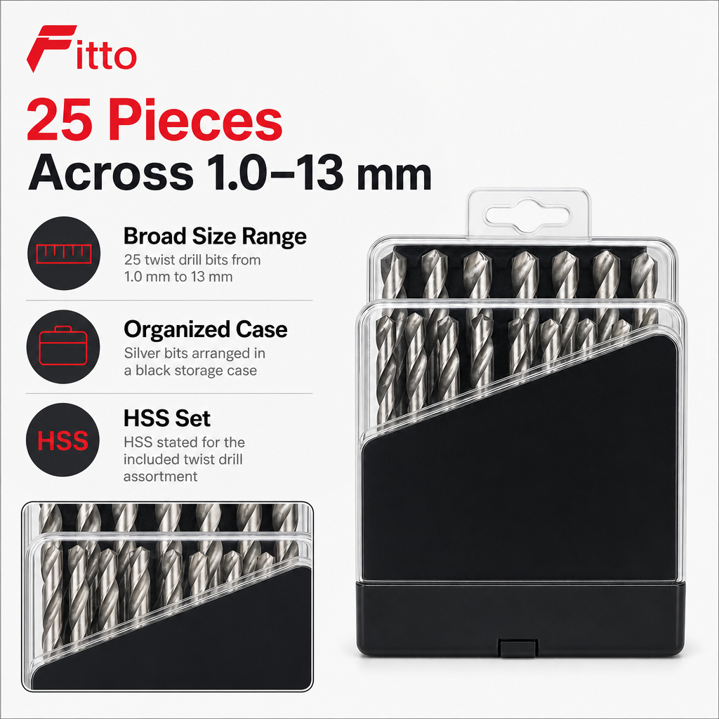 60 Pieces Twist Drill Bit Sets HSS, 1.0–13 mm, Silver Bits with Black Case, 25 Pieces
