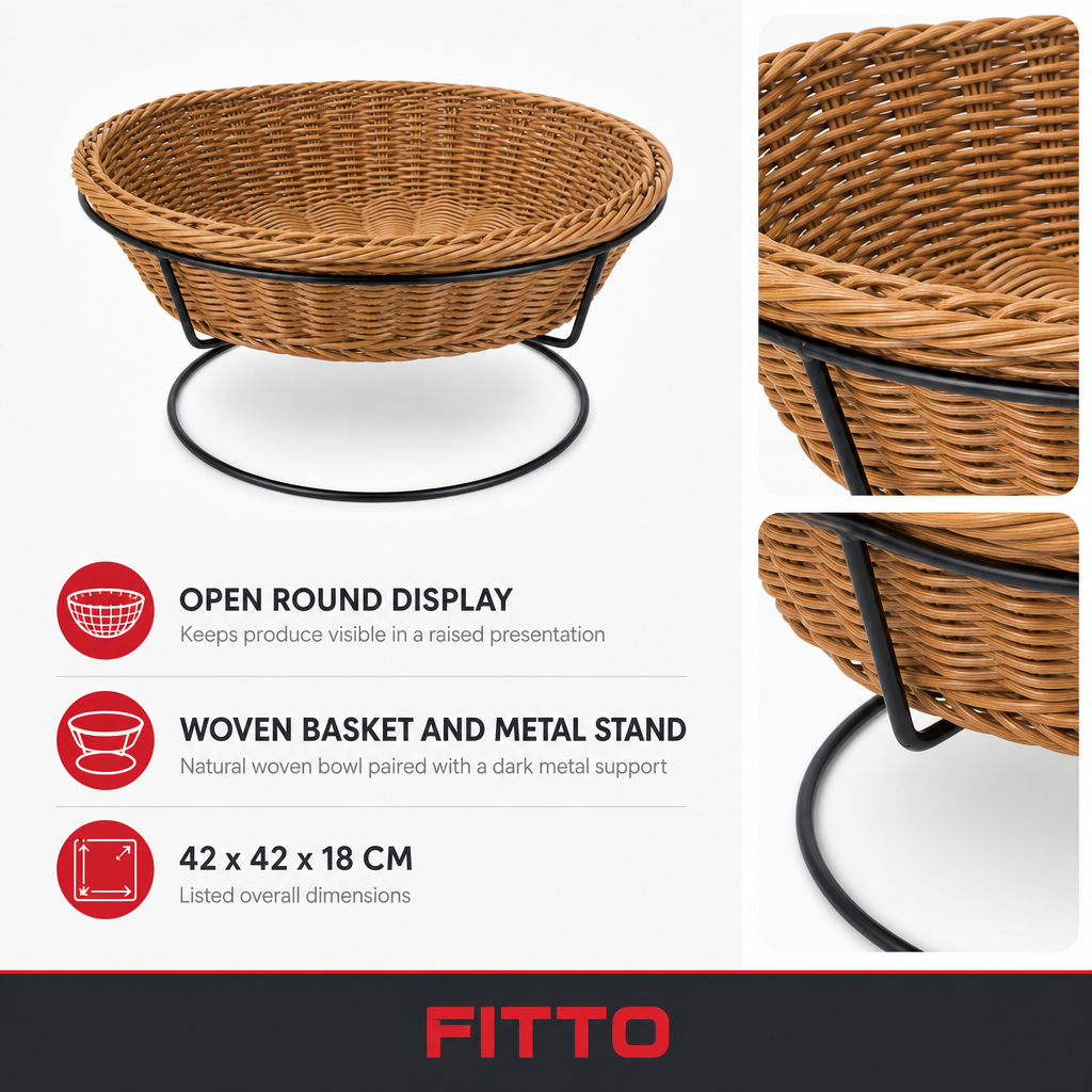 48 Pieces Round Wicker Fruit Baskets with Metal Stand, Natural, 42 x 42 x 18 cm