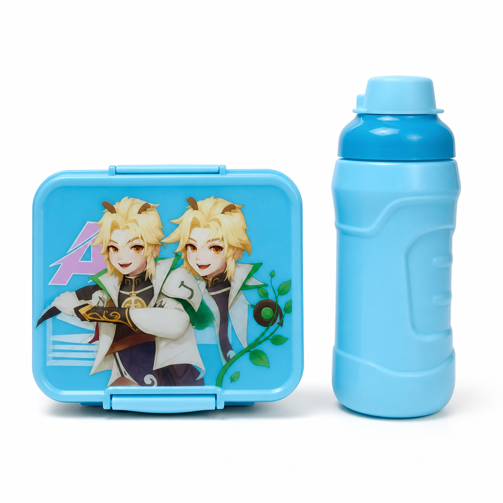 96 Pieces Lunch Box and Water Bottle Set, Light Blue Cartoon Design