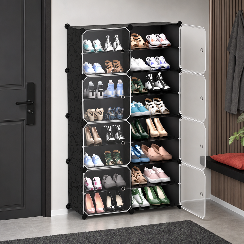 48 Pieces Black and Clear 8-Tier Shoe Storage Cabinet with Doors, 85 x 32 x 127 cm, 1 Unit