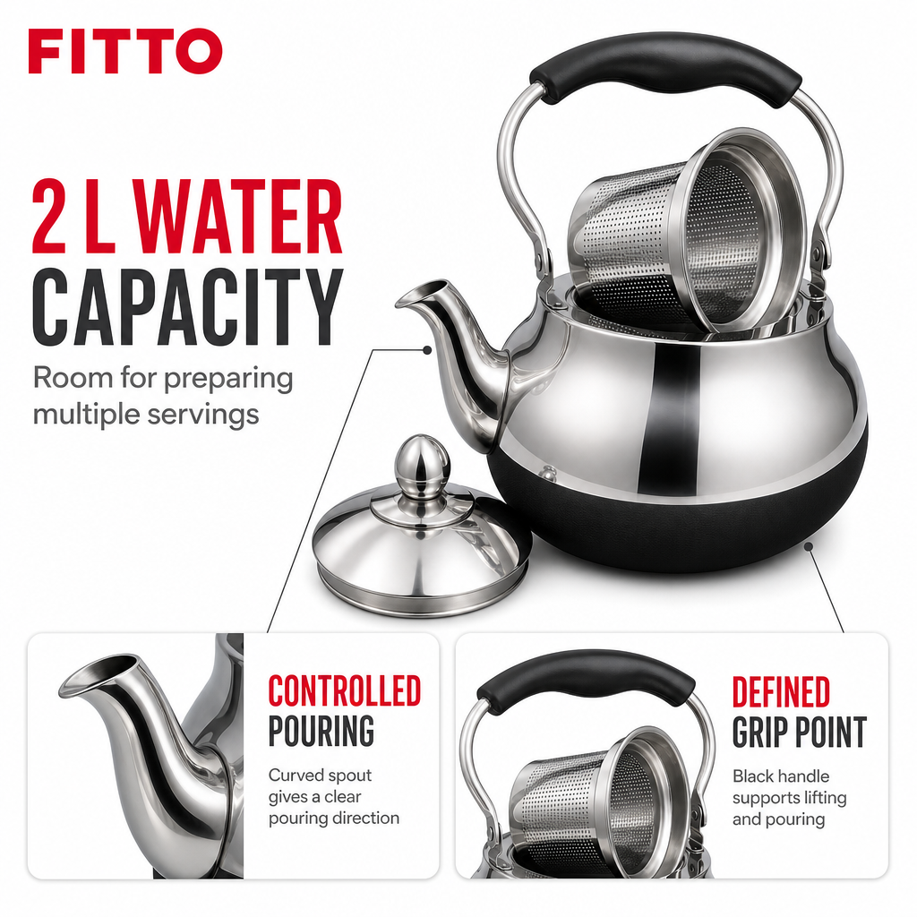 48 Pieces Stainless Steel Stovetop Kettle, 2 L, Silver and Black, 1 Piece