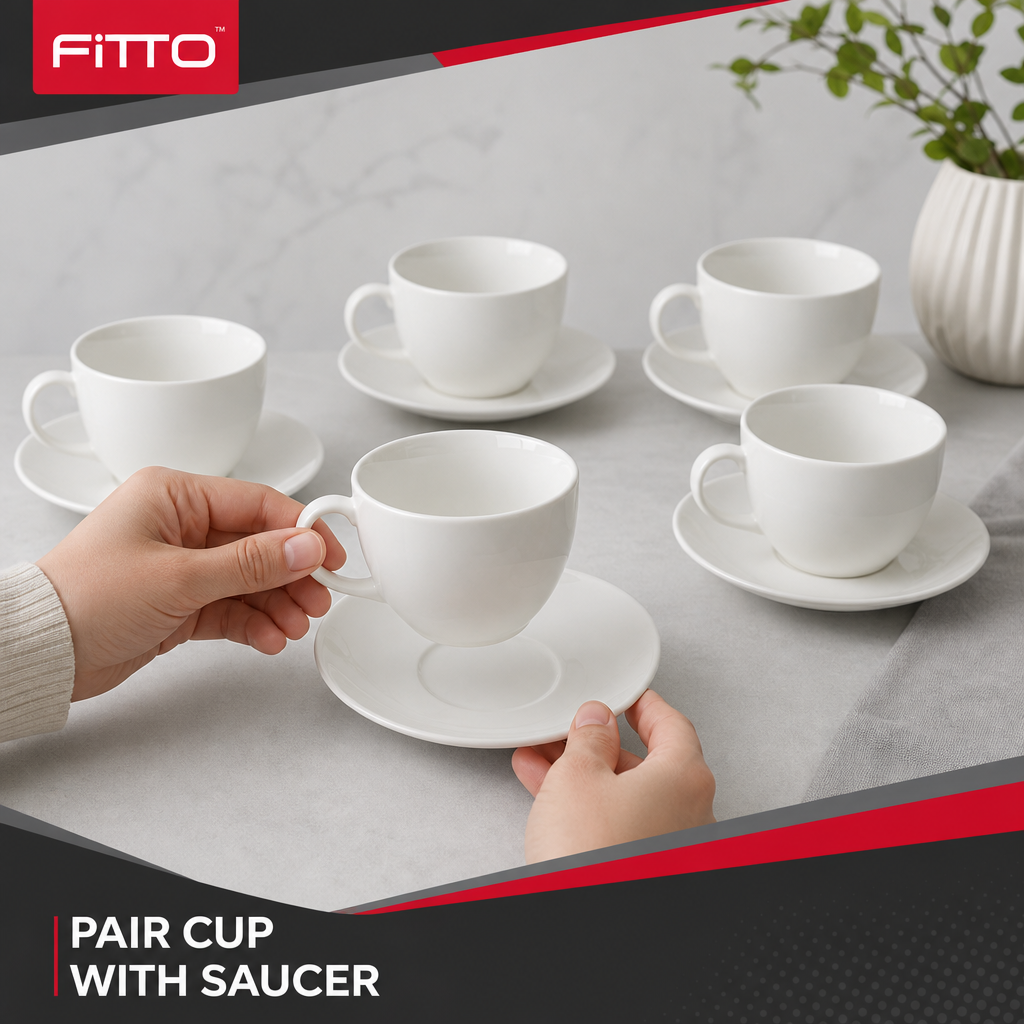 60 Pieces Ceramic Tea and Coffee Cups with Saucers, White, 6-Piece Set