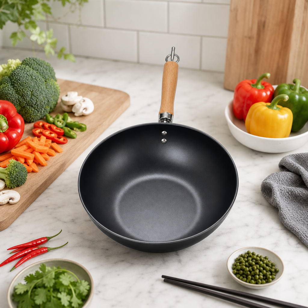 72 Pieces Non-Stick Wok Frying Pan with Wooden Handle, 30 cm