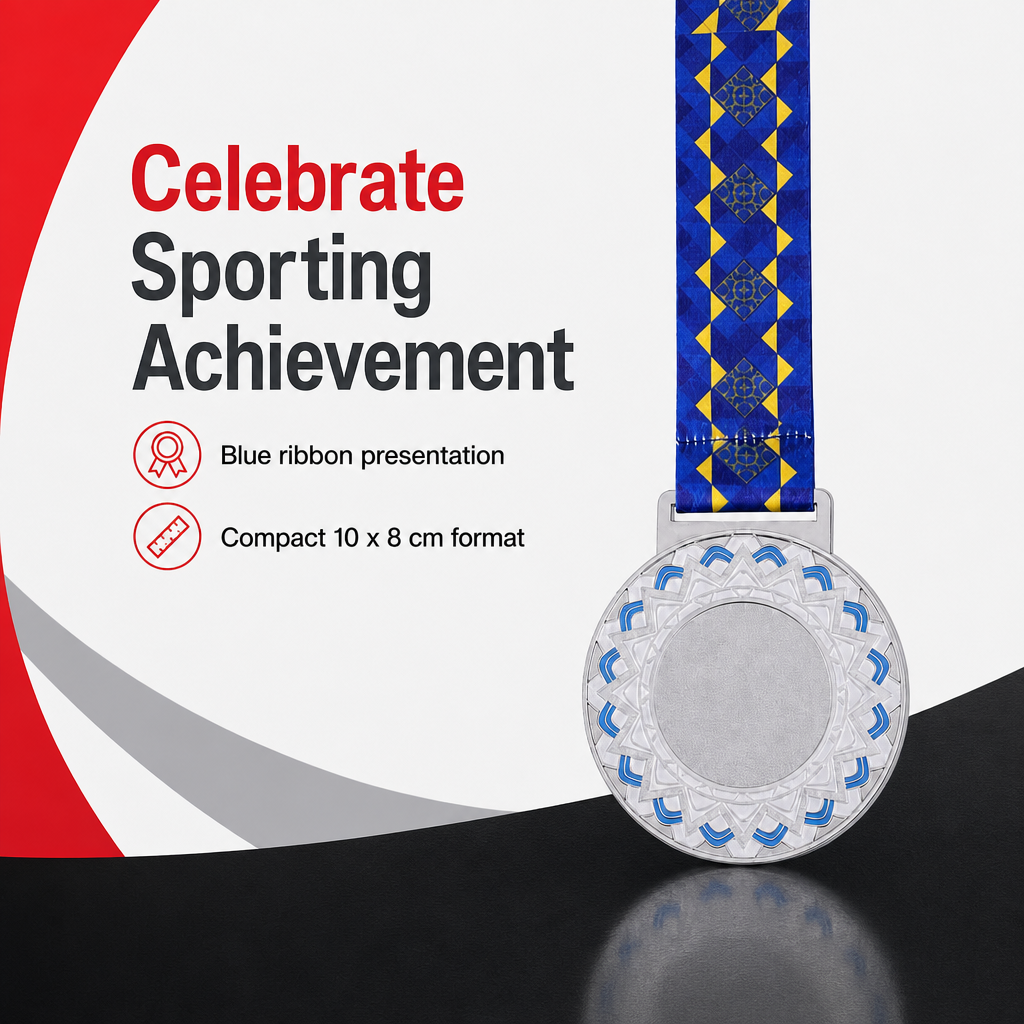 120 Pieces Decorative Sports Medal with Blue Ribbon, Silver, 1 Piece, 10 x 8 cm