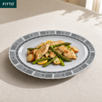 96 Pieces Melamine Wavy Oval Serving Plate, 14 Inch, Grey Geometric Border