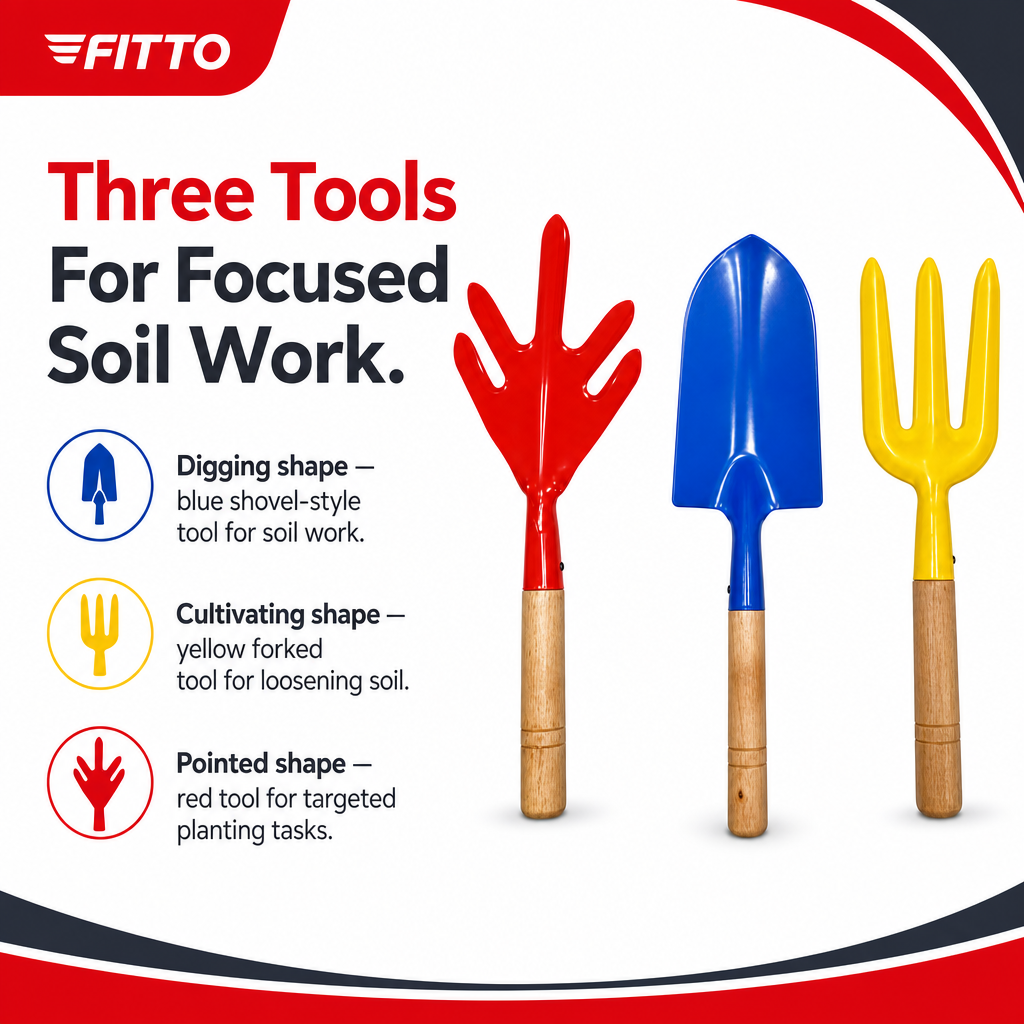 144 Pieces Garden Hand Tools Set, Red Blue and Yellow 3-Piece Set with Wooden Handles for Digging and Cultivating