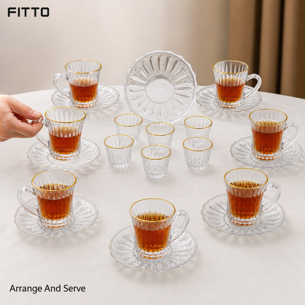 48 Pieces Clear Faceted Glass Tea and Coffee Set, 18 Pieces, Gold-Rimmed Cups and Saucers