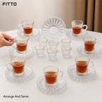 48 Pieces Clear Faceted Glass Tea and Coffee Set, 18 Pieces, Gold-Rimmed Cups and Saucers