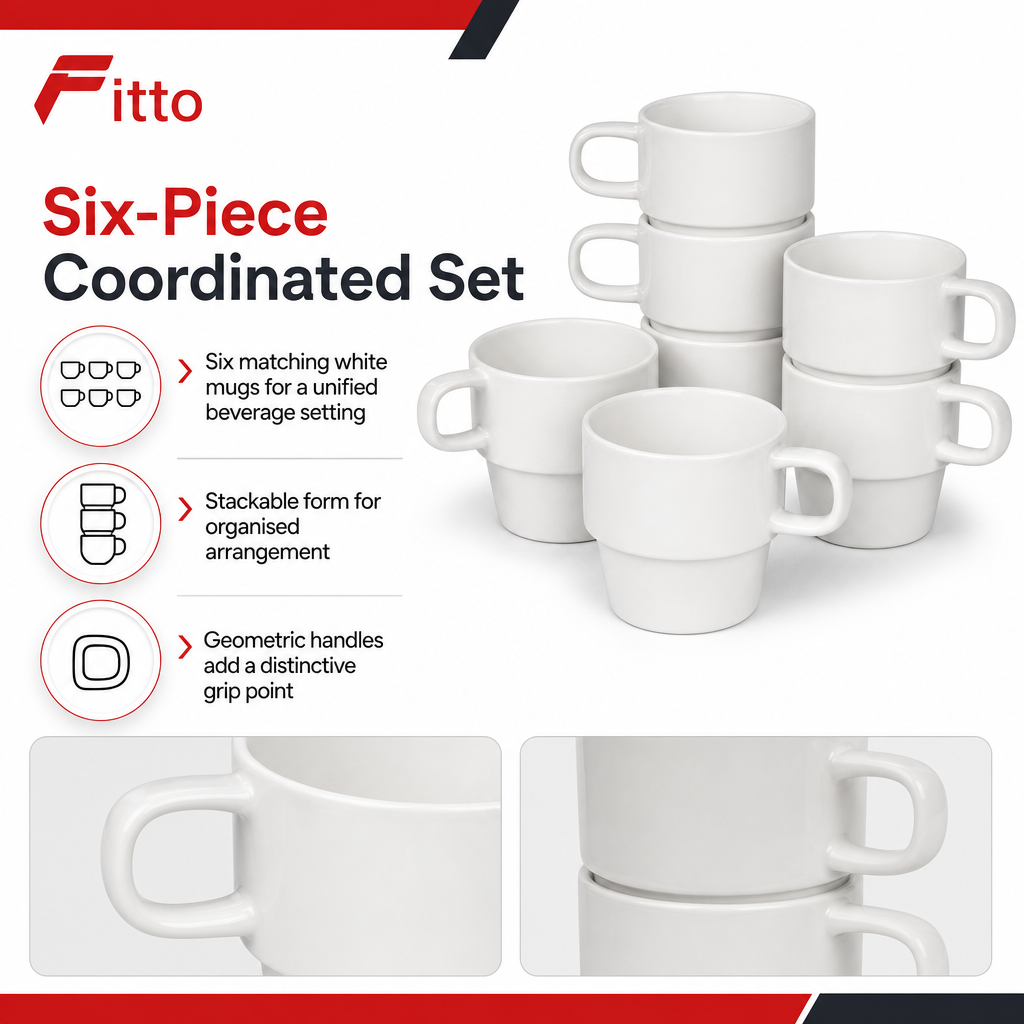 60 Pieces Stackable Ceramic Coffee Mugs with Geometric Handles, White, Set of 6