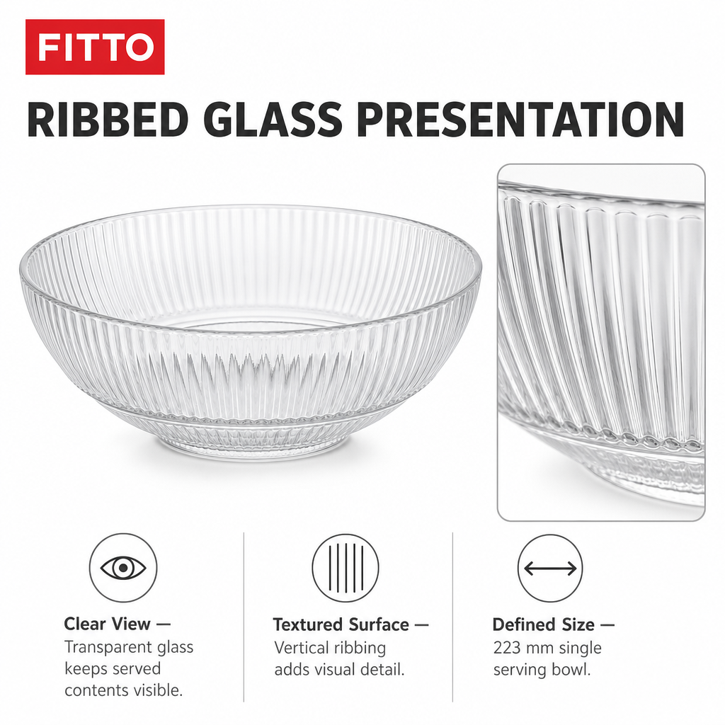 96 Pieces Ribbed Glass Serving Bowl, 223 mm, Clear, 1 Piece