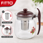 72 Pieces Glass Teapots 2.4-Litre with Stainless Steel Infuser, Brown Handle and Floral Print