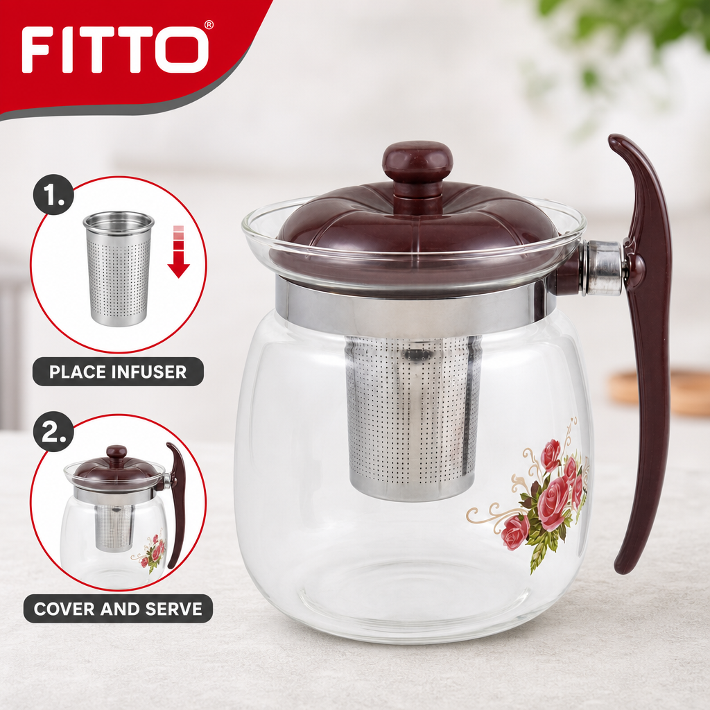 72 Pieces Glass Teapots 2.4-Litre with Stainless Steel Infuser, Brown Handle and Floral Print