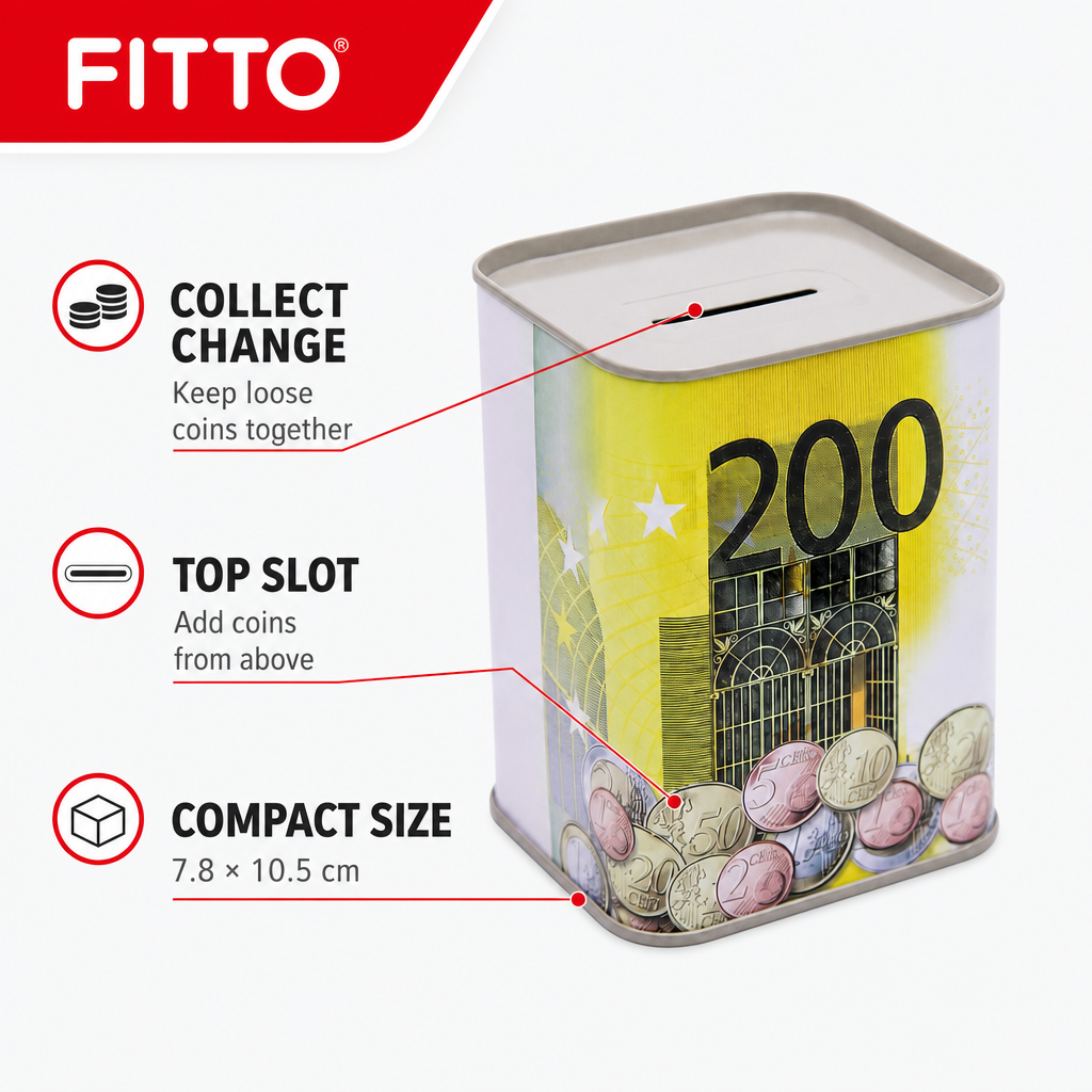 240 Pieces Metal Coin Saving Box, Square Euro-Themed Money Bank with Top Slot, 7.8 × 10.5 cm