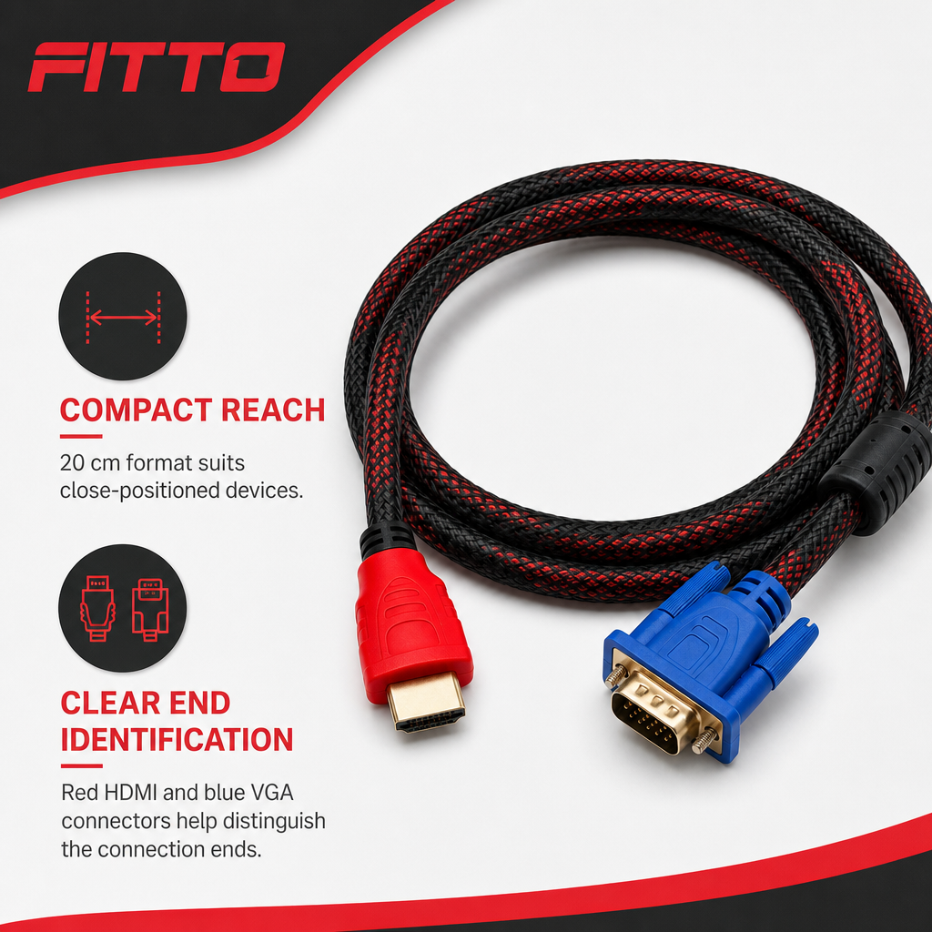 96 Pieces HDMI to VGA Adapter Cables, Braided, 20 cm, Single Cable for Video Connection
