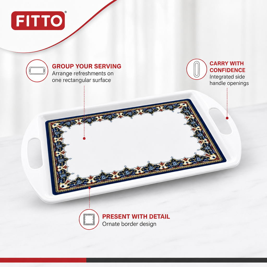96 Pieces Melamine Rectangular Serving Trays with Handles, 18 Inch, Ornate Border Design