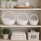48 Pieces Round Wicker Basket Set with Handles, White, 3 Piece