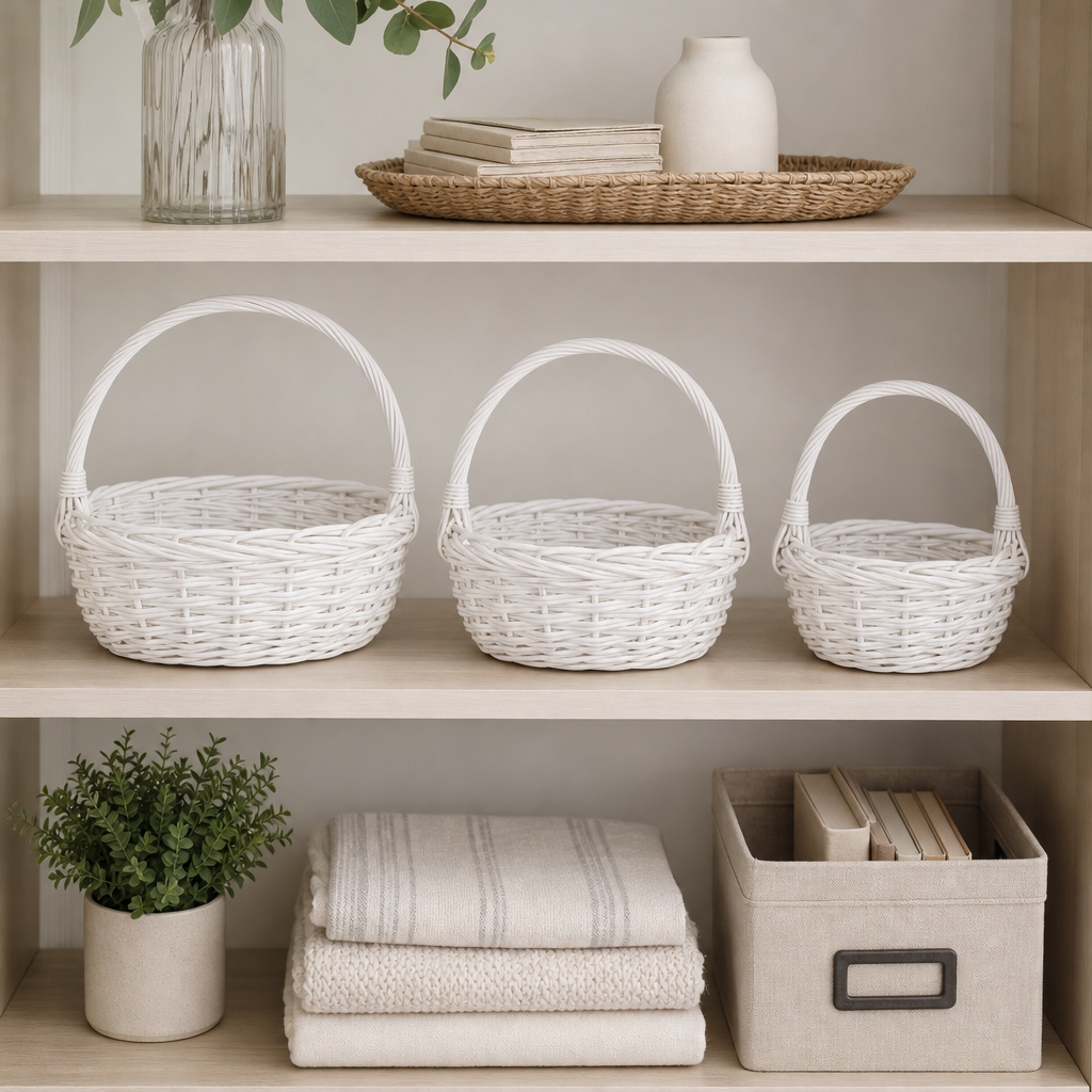 48 Pieces Round Wicker Basket Set with Handles, White, 3 Piece