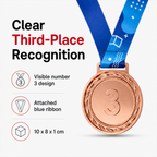 144 Pieces 3rd Place Award Medal with Blue Ribbon, Bronze Finish, Single Medal