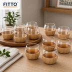 48 Pieces Glass Tea Cup Set with Wooden Sleeves, Clear and Natural Wood, 12 Pieces