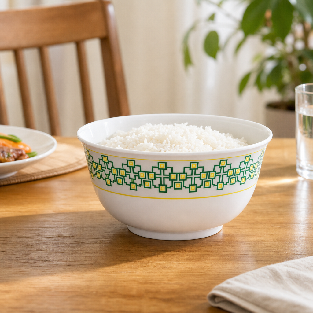 120 Pieces Melamine Rice Bowl, 4.5 Inch, White with Green and Yellow Geometric Pattern