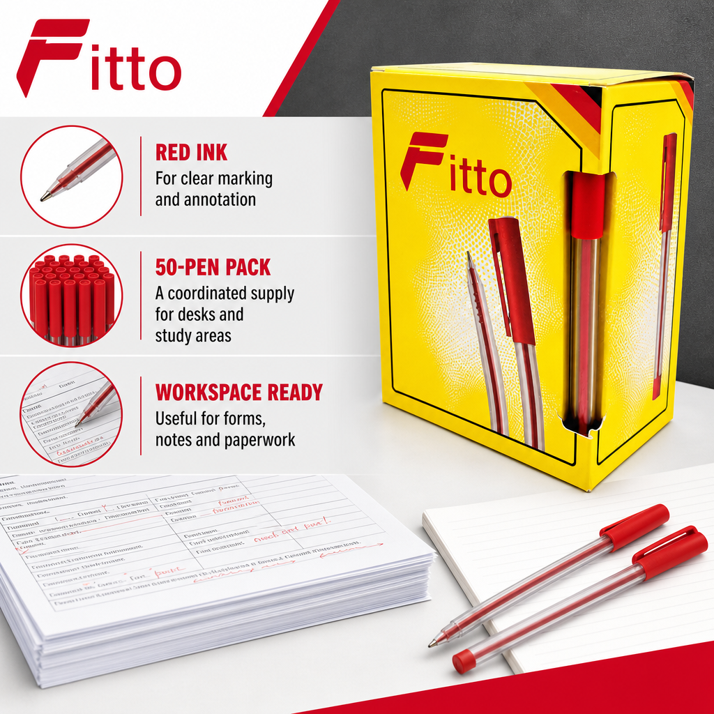 72 Pieces Ball Pens, Red Ink, 50 Pack for Office, School and Everyday Writing