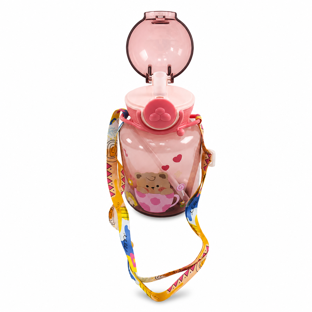 96 Pieces 640 ml Assorted Colour Cartoon Plastic Water Bottle with Shoulder Strap and Flip-Top Lid
