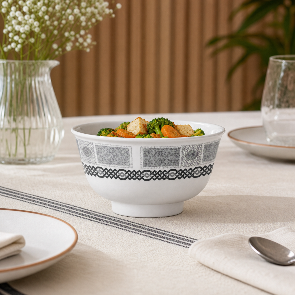144 Pieces Rice Bowl, 4 Inch, Grey With Geometric Border, Single Tablewares Bowl for Side Portions and Serving