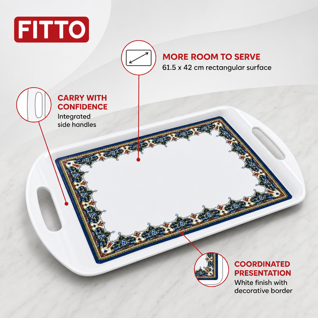 60 Pieces Melamine Rectangular Serving Trays with Handles, 24 Inch, White Decorative Border, 61.5 x 42 cm