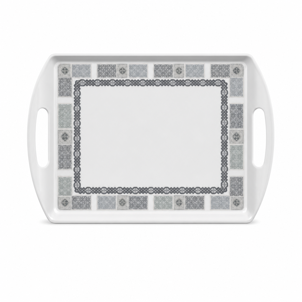 96 Pieces Melamine Serving Trays with Double Handles, Rectangular 15 Inch, Grey Geometric Border