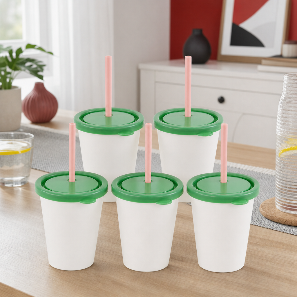 120 Pieces Plastic Cups with Lids and Straws, White Green and Pink, 5-Piece Drinkwares Set